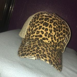 Cheetah print distressed ponytail/bun hat